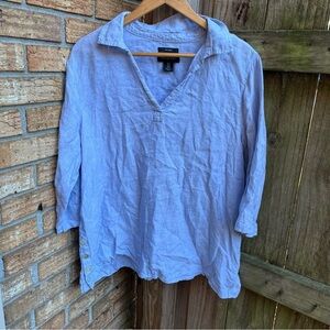 Tahari Light Blue 100% Linen V-Neck Blouse